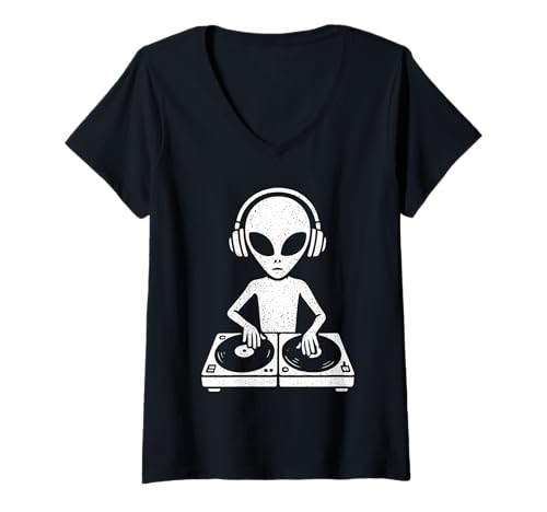 Damen Minimal DJ Alien Disco Rave Party Lustige EDM-Musik T-Shirt mit V-Ausschnitt von EDM Alien DJ Rave UFO Disco Music Design