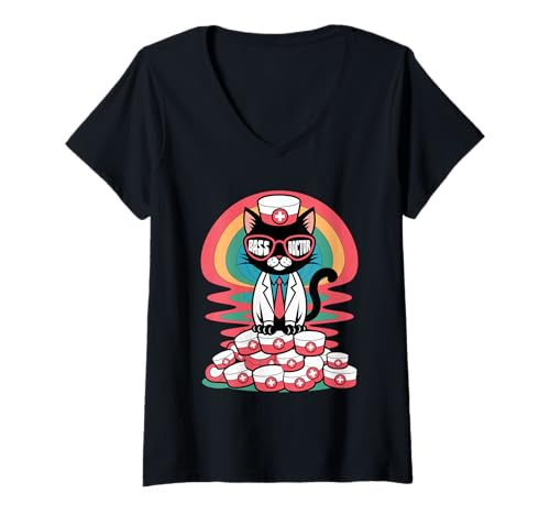 Damen Bass Doctor Cat EDM Festival Raver Tekk Rave T-Shirt mit V-Ausschnitt von EDM DJ Festival Outfit für Männer und Frauen