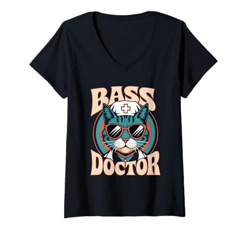 Damen EDM Rave Funny Bass Doctor Cat Electronic Music Raver T-Shirt mit V-Ausschnitt von EDM DJ Festival Outfit für Männer und Frauen