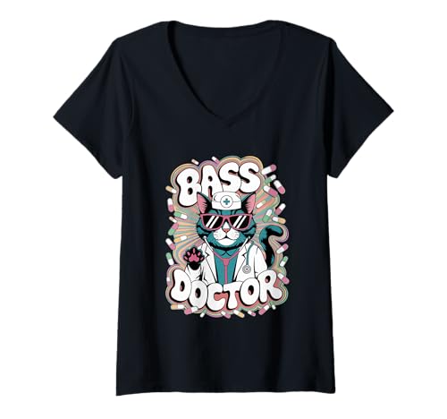 Damen Electronic Music Lover EDM Rave Bass Doctor Raver T-Shirt mit V-Ausschnitt von EDM DJ Festival Outfit für Männer und Frauen