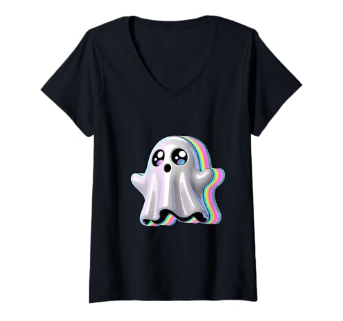 Damen Ghost Halloween Trippy Techno Rave Vaporwave EDM-Musikparty T-Shirt mit V-Ausschnitt Damen Ghost Halloween Trippy Techno Rave Vaporwave EDM-Musikparty T-Shirt mit V-Ausschnitt von EDM Ghost Co