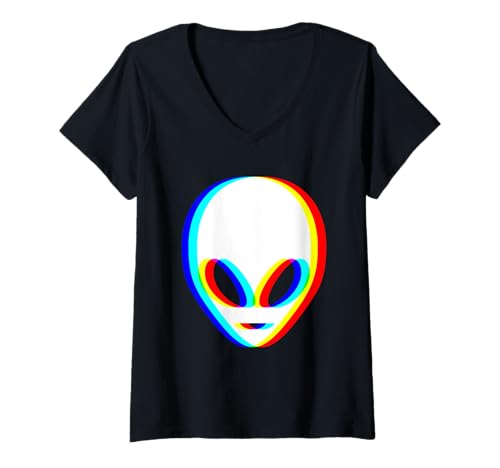 Damen EDM Musikfestival Alien Head Trippy Vaporwave Techno Rave T-Shirt mit V-Ausschnitt von EDM Rave Music Party DJ Funny Vaporwave Halloween