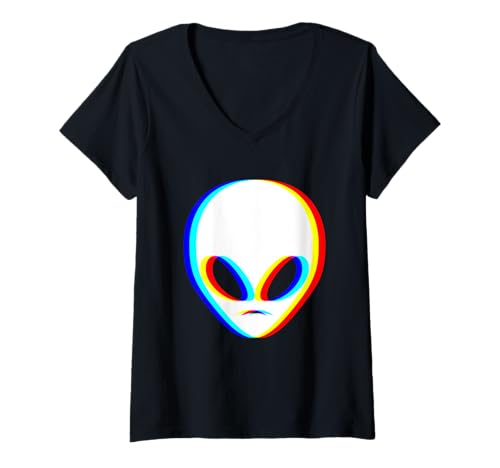 Damen EDM Musikfestival Alien Head Trippy Vaporwave Techno Rave T-Shirt mit V-Ausschnitt von EDM Rave Music Party DJ Funny Vaporwave Halloween