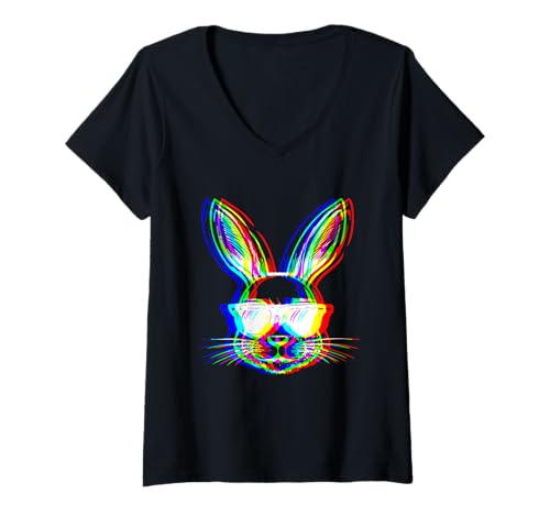 Damen EDM Techno Rave Bunny Trippy Vaporwave Halloween-Musikparty T-Shirt mit V-Ausschnitt von EDM Rave Music Party DJ Funny Vaporwave Halloween