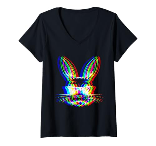 Damen EDM Techno Rave Bunny Trippy Vaporwave Halloween-Musikparty T-Shirt mit V-Ausschnitt von EDM Rave Music Party DJ Funny Vaporwave Halloween