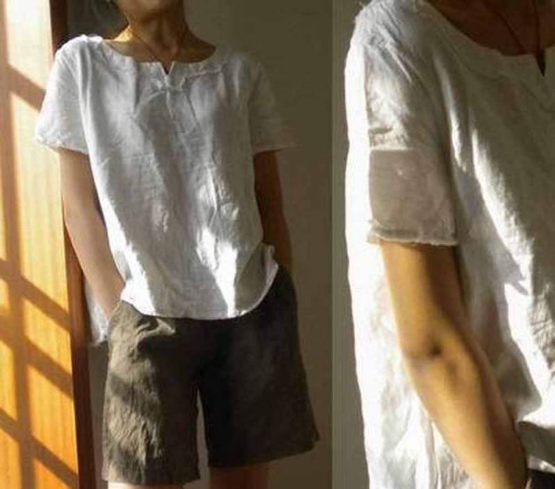 353 - Damen Weiß Leinen T-Shirt, Bluse, Tunika, Hemd, Kurzarm Top, Plus Größe Kleidung, Auf Bestellung von EDOA