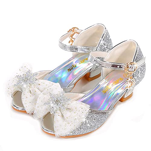 EDOSIR Mädchen Tanzschuhe Glitzer Shinning Abendschuhe Bowknot Low Heels Größe EU32 Kleine Mädchen Mary Jane Schuhe Silber Dress Up Prinzessin Schuhe Geburtstag Hochzeit von EDOSIR