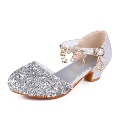 EDOSIR Mädchen Tanzschuhe Glitzer Shinning Abendschuhe Bowknot Low Heels Kleine Mädchen Mary Jane Schuhe Dress Up Prinzessin Schuhe Geburtstag Hochzeit, 9 Silber, 35 EU von EDOSIR