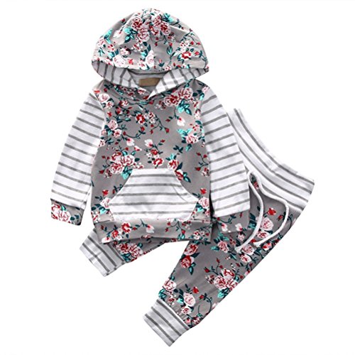 EDOTON Baby Mädchen Outfit 2 Stücke Set Gestreifte Blumen Hoodies mit Tasche Top + Lange Hosen Sweatshirt Outfit Kleidung (0-3 Monate, Grau) von EDOTON