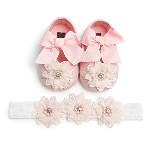 EDOTON 2 Pcs Kleinkind Schuhe+ Stirnband, Baby Mädchen Blumen Schuh Anti-Rutsch-Weiche Besondere Anlässe Taufe Hochzeit Party Schuhe (0-6 Monate, B - Rosa) von EDOTON