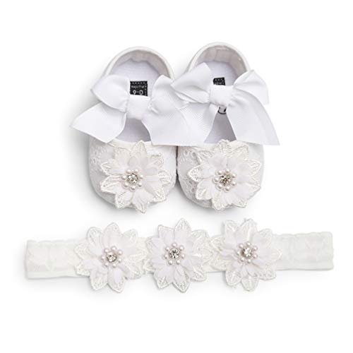 EDOTON 2 Pcs Kleinkind Schuhe+ Stirnband, Baby Mädchen Blumen Schuh Anti-Rutsch-Weiche Besondere Anlässe Taufe Hochzeit Party Schuhe (0-6 Monate, B - Weiß) von EDOTON