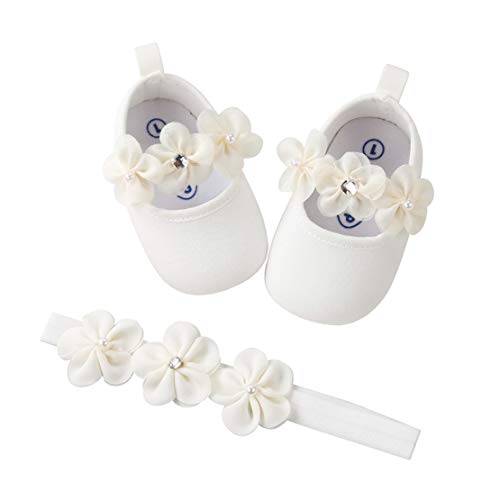 EDOTON Baby Mädchen 2 Pcs Kleinkind Party Schuhe Mit Stirnband, Weiß, Gr.- 6-12 Monate/Herstellergröße- 3 von EDOTON