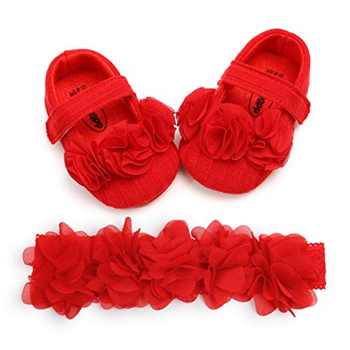 EDOTON Baby Mädchen Blume Schuhe mit Haarband Anti-Rutsch-Weiche Taufe Prinzessin Lauflernschuhe Sneaker für Kleinkind (12-18 Monate, A_Rot) von EDOTON