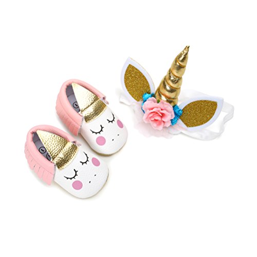 EDOTON Baby Mädchen Einhorn Schuhe mit Haarband Anti-Rutsch-Weiche Taufe Prinzessin Lauflernschuhe Sneaker für Kleinkind (6-12 Monate, B) von EDOTON