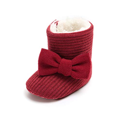 EDOTON Baby Mädchen Gestrickt Schneestiefel mit Blumen Bowknot Fleece-Fell Weiche Sohlen Krippe Schuhe Kleinkind Stiefel Winterschuhe (0-6 Monate, mit Bowknot-Rot) von EDOTON