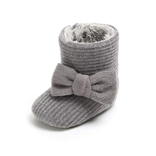 EDOTON Baby Mädchen Gestrickt Schneestiefel mit Blumen Bowknot Fleece-Fell Weiche Sohlen Krippe Schuhe Kleinkind Stiefel Winterschuhe (12-18 Monate, mit Bowknot-Grau) von EDOTON