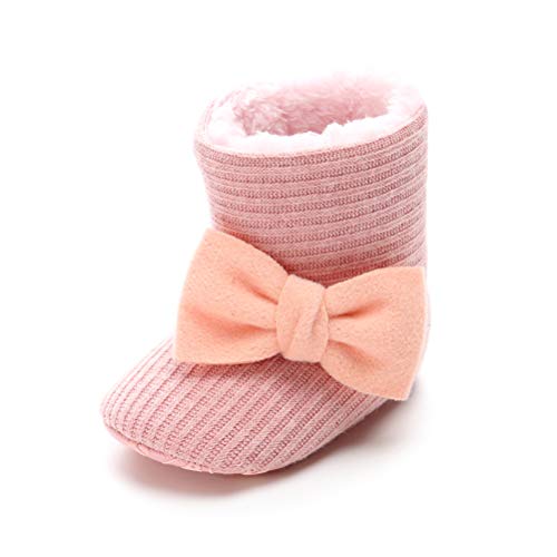 EDOTON Baby Mädchen Gestrickt Schneestiefel mit Blumen Bowknot Fleece-Fell Weiche Sohlen Krippe Schuhe Kleinkind Stiefel Winterschuhe (12-18 Monate, mit Bowknot-Pink) von EDOTON