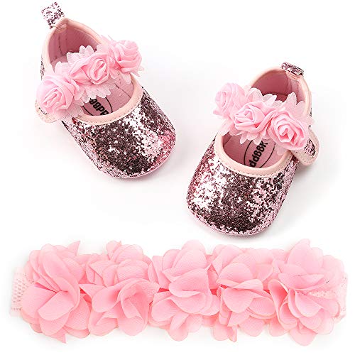 EDOTON Baby Mädchen Maria Jane Wohnungen Funkelnd Sanft Sohle Säugling Prinzessin Kleid Ballett Krippe Schuhe Zuerst Gehhilfe Schuhe mit Frei Baby Blumen Stirnband von EDOTON