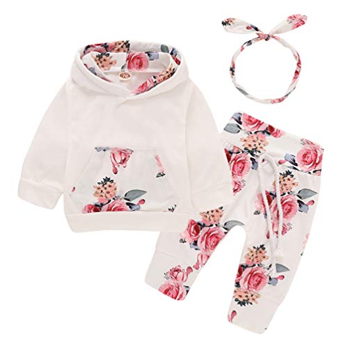 EDOTON Baby Mädchen Outfit 2 Stücke Set Gestreifte Blumen Hoodies mit Tasche Top + Lange Hosen Sweatshirt Outfit Kleidung (70/3-6 Monate, Blume) von EDOTON