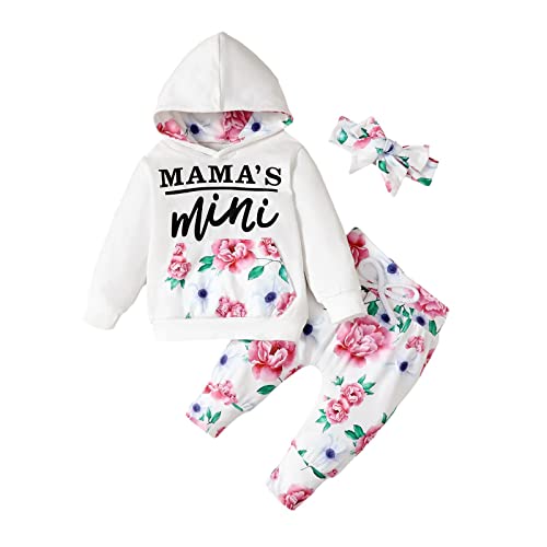 EDOTON Baby Mädchen Outfit 2 Stücke Set Gestreifte Blumen Hoodies mit Tasche Top + Lange Hosen Sweatshirt Outfit Kleidung (12-18 Monate,Z Druck auf Weiß) von EDOTON