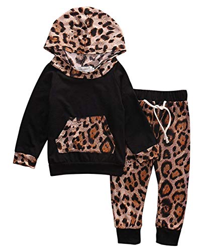 EDOTON Baby Mädchen Outfit 2 Stücke Set Gestreifte Blumen Hoodies mit Tasche Top + Lange Hosen Sweatshirt Outfit Kleidung (18-24 Monate, Leopard) von EDOTON