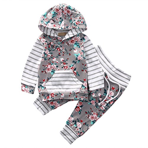 EDOTON Baby Mädchen Outfit 2 Stücke Set Gestreifte Blumen Hoodies mit Tasche Top + Lange Hosen Sweatshirt Outfit Kleidung (3-6 Monate, Grau) von EDOTON