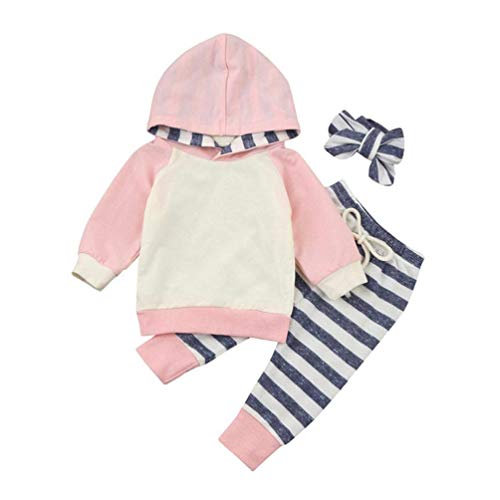 EDOTON Baby Mädchen Outfit 2 Stücke Set Gestreifte Blumen Hoodies mit Tasche Top + Lange Hosen Sweatshirt Outfit Kleidung (3-6 Monate, Streifen-Rosa) von EDOTON