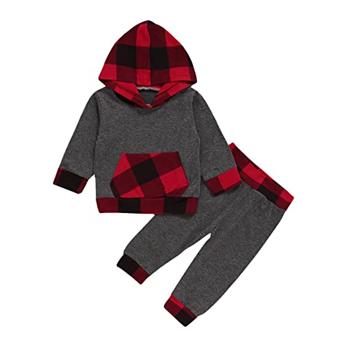 EDOTON Baby Mädchen Outfit 2 Stücke Set Gestreifte Blumen Hoodies mit Tasche Top + Lange Hosen Sweatshirt Outfit Kleidung (3-6 Monate,Y Rot Grau) von EDOTON