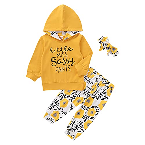 EDOTON Baby Mädchen Outfit 2 Stücke Set Gestreifte Blumen Hoodies mit Tasche Top + Lange Hosen Sweatshirt Outfit Kleidung (6-12 Monate, Gelbe Blumen) von EDOTON