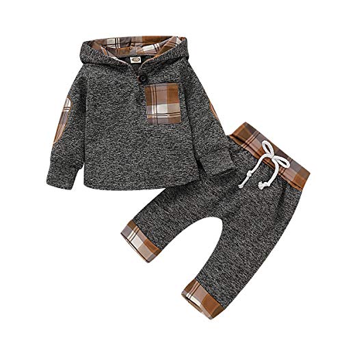 EDOTON Baby Mädchen Outfit 2 Stücke Set Gestreifte Blumen Hoodies mit Tasche Top + Lange Hosen Sweatshirt Outfit Kleidung (6-12 Monate, Khaki Gitter) von EDOTON