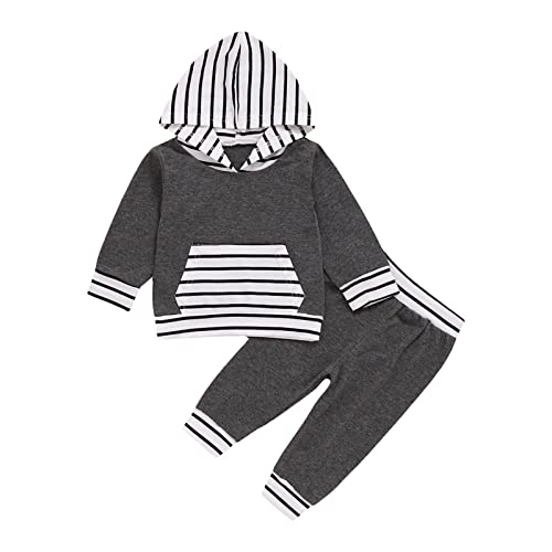 EDOTON Baby Mädchen Outfit 2 Stücke Set Gestreifte Blumen Hoodies mit Tasche Top + Lange Hosen Sweatshirt Outfit Kleidung (6-12 Monate,Y Weiß Grau) von EDOTON