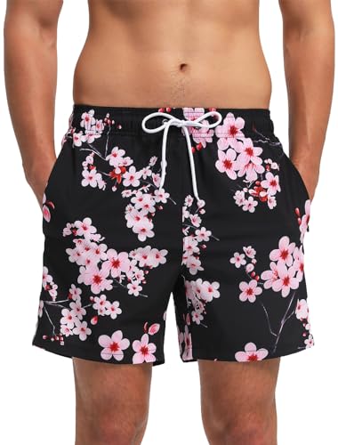 EDOTON Badehose für Herren mit Reißverschlusstasche Schnell Trocknend Wasserdicht Badeshorts Verstellbare Badeshorts mit Kordelzug(EU XXL/Tag XXXL, Blume) von EDOTON