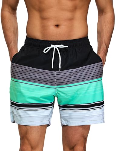 EDOTON Badehose für Herren mit Reißverschlusstasche Schnell Trocknend Wasserdicht Badeshorts Verstellbare Badeshorts mit Kordelzug (EU L/Tag XL, Streifen) von EDOTON