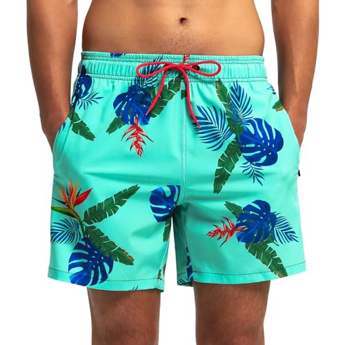 EDOTON Badehose für Herren mit Reißverschlusstasche Schnell Trocknend Wasserdicht Badeshorts Verstellbare Badeshorts mit Kordelzug (EU M/Tag L, Blätter) von EDOTON