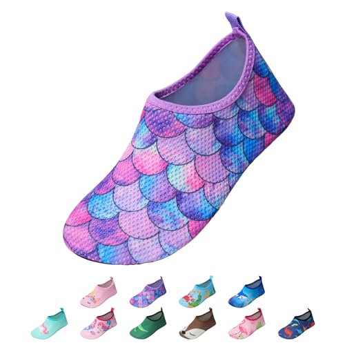 EDOTON Badeschuhe Kinder Mädchen Schwimmschuhe Wasserschuhe Strandschuhe Aquaschuhe Sommer Schwimmschuhe Strandschuhe Leichte Barfußschuhe Schnell Trockene Surfschuhe(EU 22-23,Lila Fischschuppen) von EDOTON