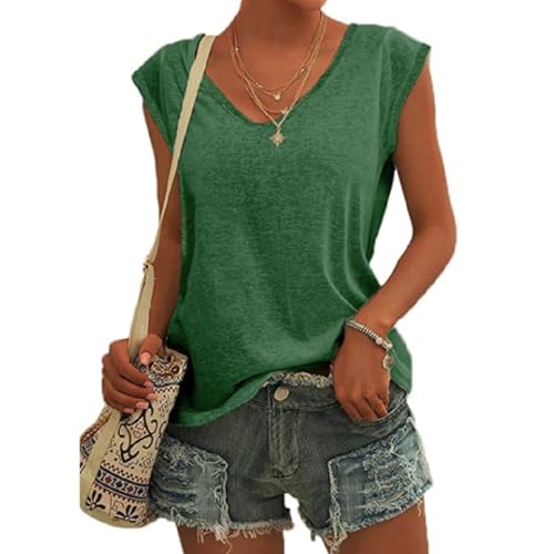 EDOTON Bluse Damen Kurzarm T-Shirt V Ausschnitt Casual Crop Tops Ärmel Lose Tops Lose Tank Top Tuniken für Damen(S,Grün) von EDOTON