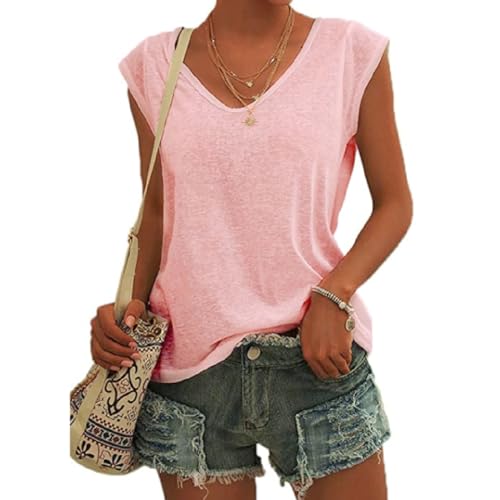 EDOTON Bluse Damen Kurzarm T-Shirt V Ausschnitt Casual Crop Tops Ärmel Lose Tops Lose Tank Top Tuniken für Damen(XL,Rosa) von EDOTON