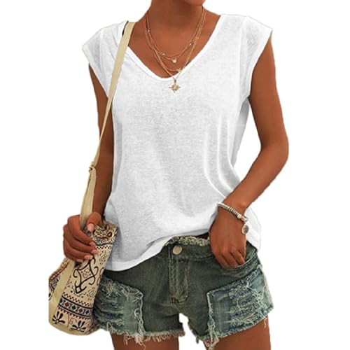 EDOTON Bluse Damen Kurzarm T-Shirt V Ausschnitt Casual Crop Tops Ärmel Lose Tops Lose Tank Top Tuniken für Damen(XXL,Weiß) von EDOTON