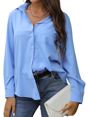 EDOTON Bluse Damen Lässiges Langarm Hemdbluse V-Ausschnitt Elegante Blusen Passform Solide Oberteil mit Tasche (Hellblau,XL) von EDOTON