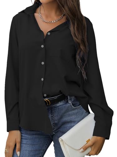 EDOTON Bluse Damen Lässiges Langarm Hemdbluse V-Ausschnitt Elegante Blusen Passform Solide Oberteil mit Tasche (Schwarz,XL) von EDOTON