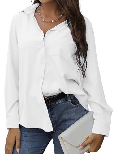 EDOTON Bluse Damen Lässiges Langarm Hemdbluse V-Ausschnitt Elegante Blusen Passform Solide Oberteil mit Tasche (Weiß,XXL) von EDOTON