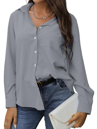 EDOTON Bluse Damen Lässiges Langarm Hemdbluse V-Ausschnitt Elegante Blusen Passform Solide Oberteil mit Tasche (grau,XL) von EDOTON