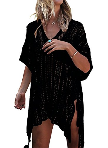 EDOTON Damen Gestrickte Strandkleid Bikini Cover Up Sommer Strand Vertuschen Bikinibluse (A-schwarz) von EDOTON