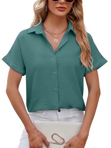 EDOTON Damen Bluse V-Ausschnitt Kurzarm Tunika Hemden Elegant Casual Arbeit Oberteile mit Knöpfen Lose Tops Blusenm (XXL,Dunkelgrün) von EDOTON