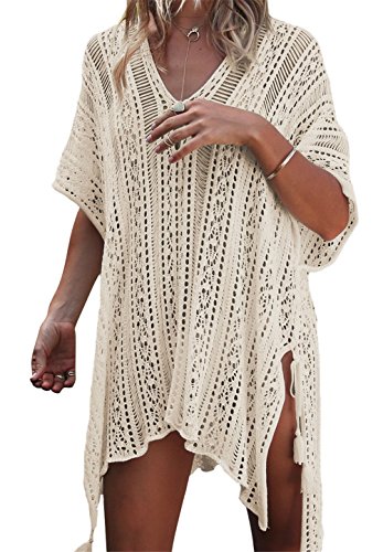 EDOTON Damen Gestrickte Strandkleid Bikini Cover Up Sommer Strand Vertuschen Bikinibluse (A-beige) von EDOTON