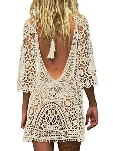 EDOTON Damen Gestrickte Strandkleid Bikini Cover Up Sommer Strand Vertuschen Bikinibluse (C-beige) von EDOTON