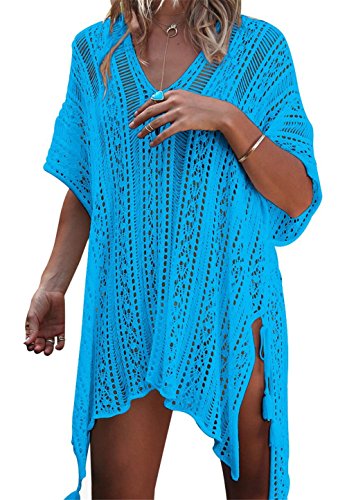 EDOTON Damen Gestrickte Strandkleid Bikini Cover Up Sommer Strand Vertuschen Bikinibluse (A-Blauer See) von EDOTON