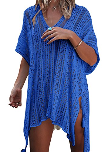 EDOTON Damen Gestrickte Strandkleid Bikini Cover Up Sommer Strand Vertuschen Bikinibluse (A-königsblau) von EDOTON