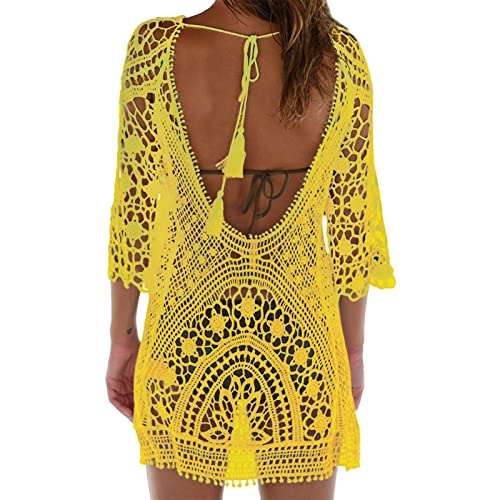 EDOTON Damen Gestrickte Strandkleid Bikini Cover Up Sommer Strand Vertuschen Bikinibluse (F-gelb) von EDOTON