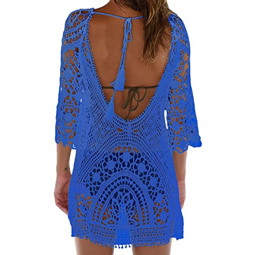 EDOTON Damen Gestrickte Strandkleid Bikini Cover Up Sommer Strand Vertuschen Bikinibluse (F-königsblau) von EDOTON